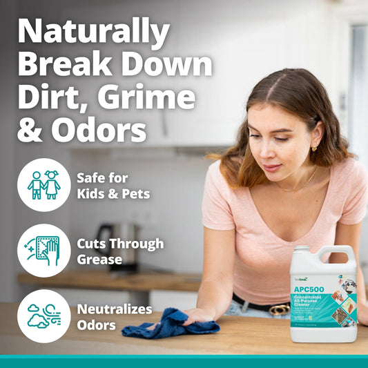 A woman wipes a kitchen counter with a blue cloth. Nearby sits TeraGanix APC500 Nontoxic All-purpose Cleaning product, which is safe for kids and pets, cuts through grease, and neutralizes odors.