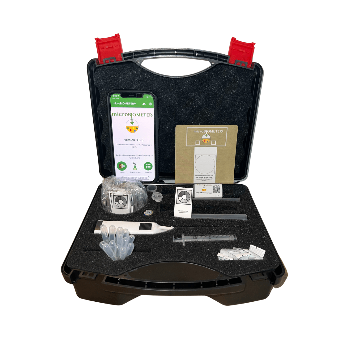 The TeraGanix microBIOMETER® Soil Testing Kit comes in a black plastic case with foam inserts and includes a digital device, syringes, tubes, a booklet, stickers, and QR code. An open phone shows the app screen with fungal to bacterial ratio results.