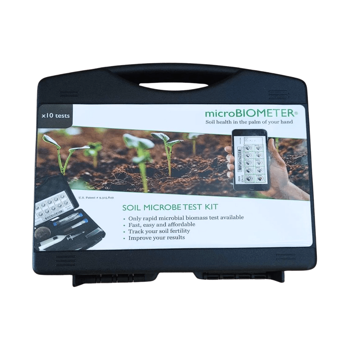The TeraGanix microBIOMETER® Soil Testing Kit comes in a black carrying case featuring seedlings and a hand with a test card, and offers rapid results, easy use, soil fertility tracking, and microbial biomass measurement.