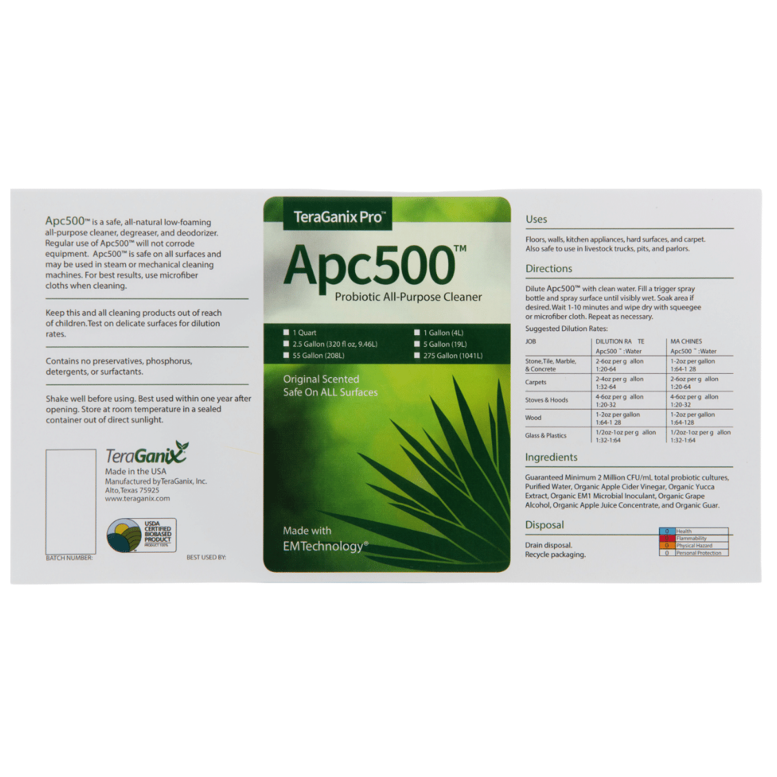 Label for Teraganix Wholesale APC500 Nontoxic All-purpose Cleaning Product with green leaf graphics. Includes product info, organic cleaning uses, dilution instructions, ingredients, disposal tips, and company details on a white background.