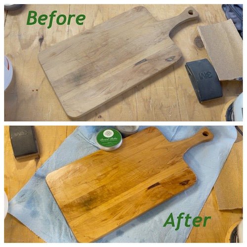 A side-by-side comparison shows a wooden cutting board before and after using Board Balm - Oil & Wax for Cutting and Charcuterie Boards by The Celtic Farm: the dull, dry surface becomes darker, polished, and revitalized.