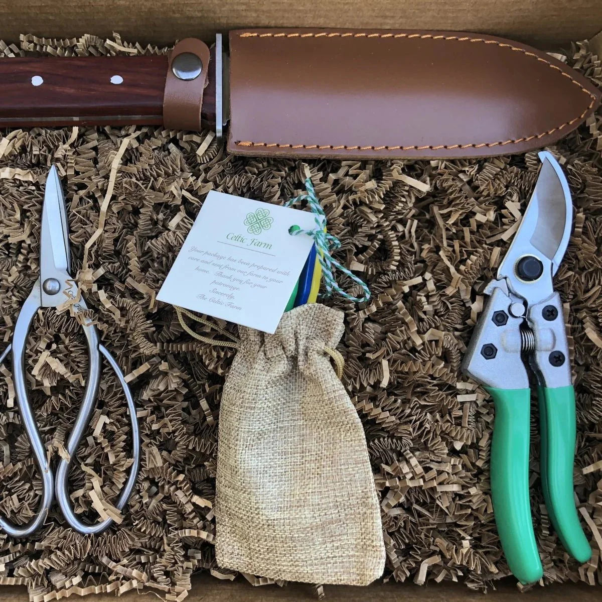 Ultimate Garden Gift Box -  4 Garden Tool Set  (Hori Hori, Pruners, Garden Snips and Garden Tool Sharpeners)  Tool Kit - Blessings Grow Meadows