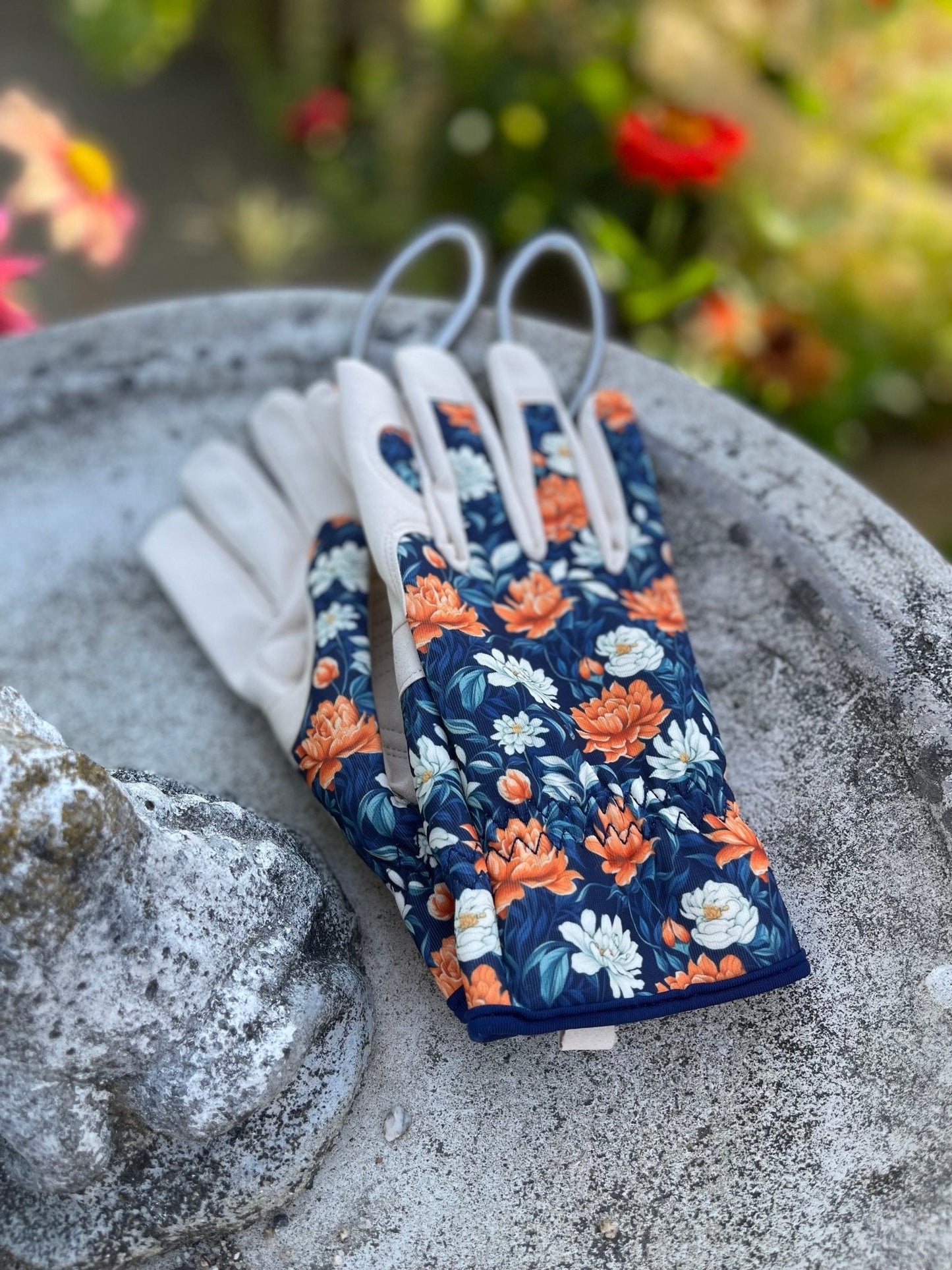 Women's floral gardening and project gloves by The Celtic Farm, featuring colorful flower patterns and durable fabric.