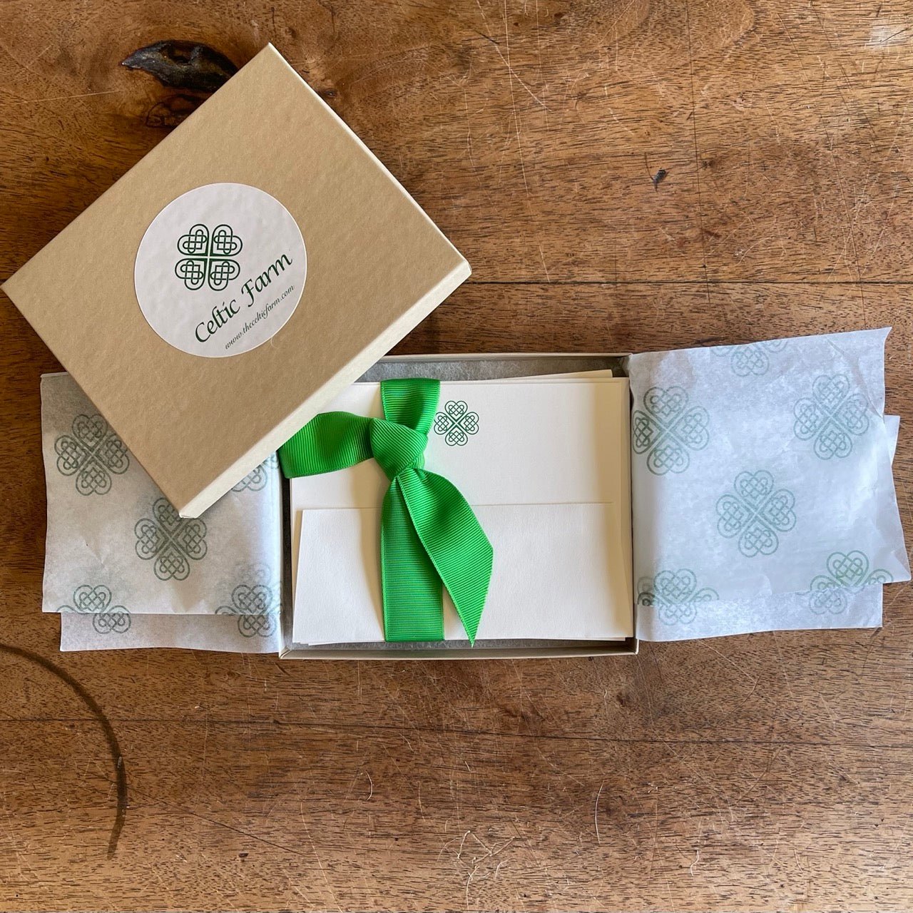 Boxed Celtic Knot Irish stationery set with 10 note cards and envelopes featuring intricate Celtic design by The Celtic Farm.