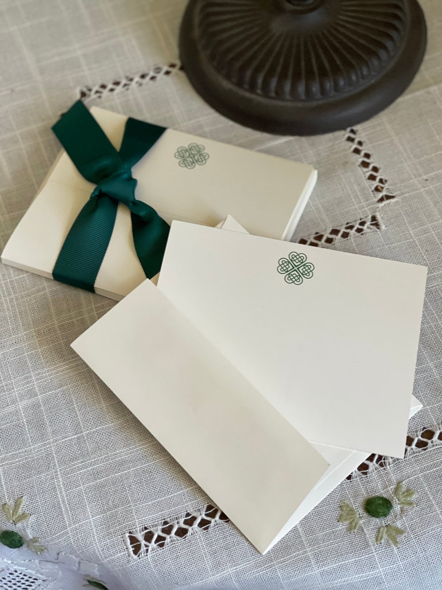 Boxed Celtic Knot Irish stationery set with 10 note cards and envelopes from The Celtic Farm, featuring intricate Celtic knot designs.