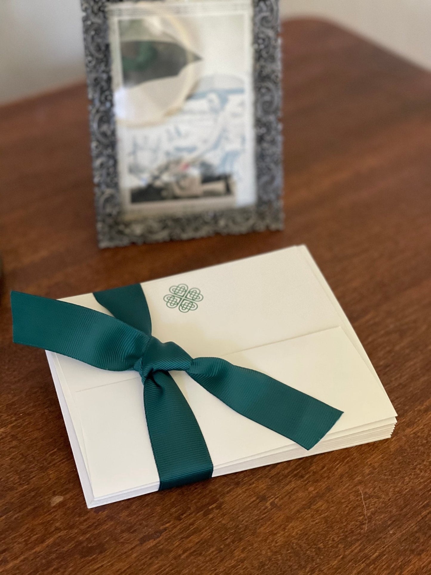 Boxed Celtic Knot Irish stationery set with 10 note cards and envelopes featuring intricate Celtic design by The Celtic Farm.