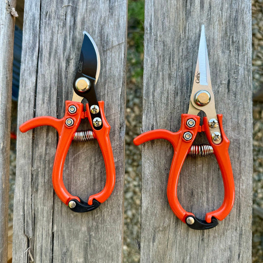 The Celtic Farm’s Mini Hand Pruner Gift Set includes two ergonomic pruners—one with a curved blade, one with straight blades—both with red handles; perfect for light gardening and indoor plant care.