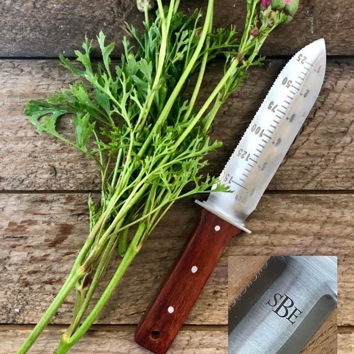 A bunch of green herbs rests on a wooden surface beside The Celtic Farms Our Katana Hori Hori Garden Tool, featuring a wooden handle, measurement markings, and an inset showing the engraved initials SBE.