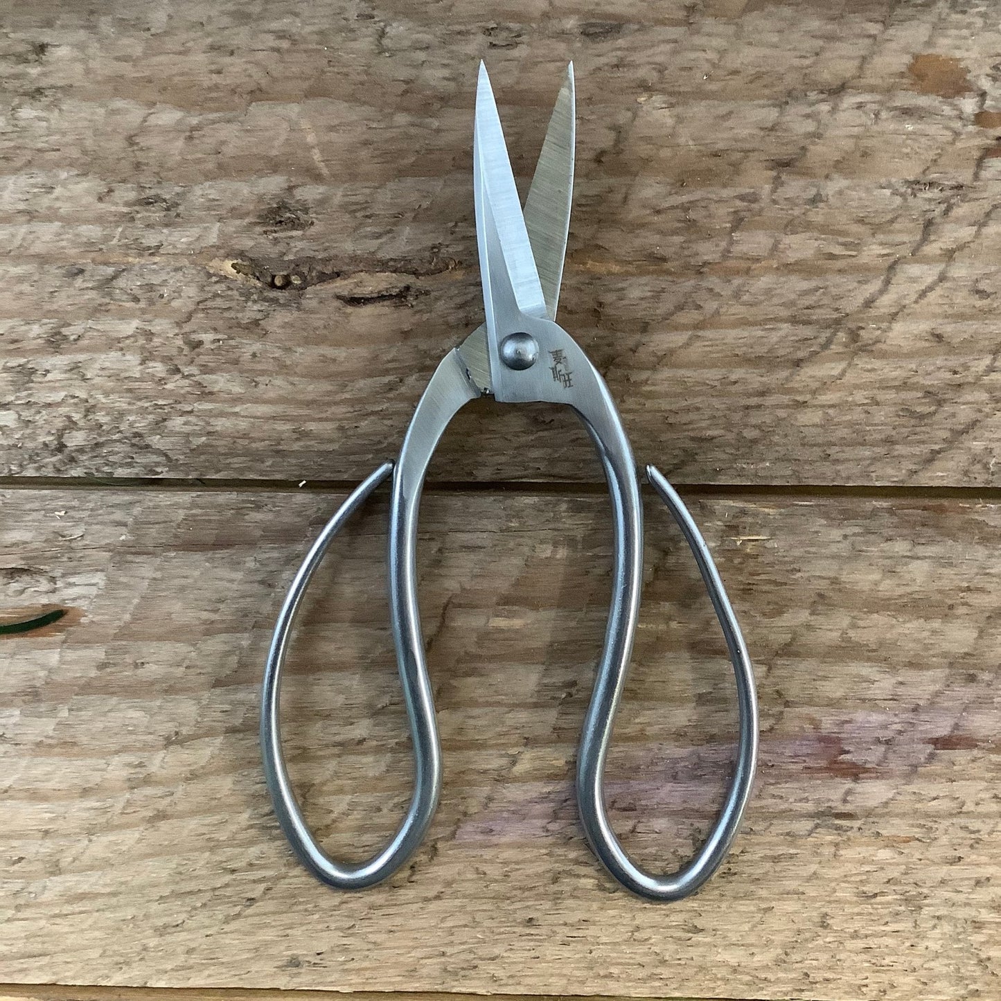 The Celtic Farm Stainless Garden Scissors (Pruning Shears) with looped handles are displayed on a rustic wooden surface.