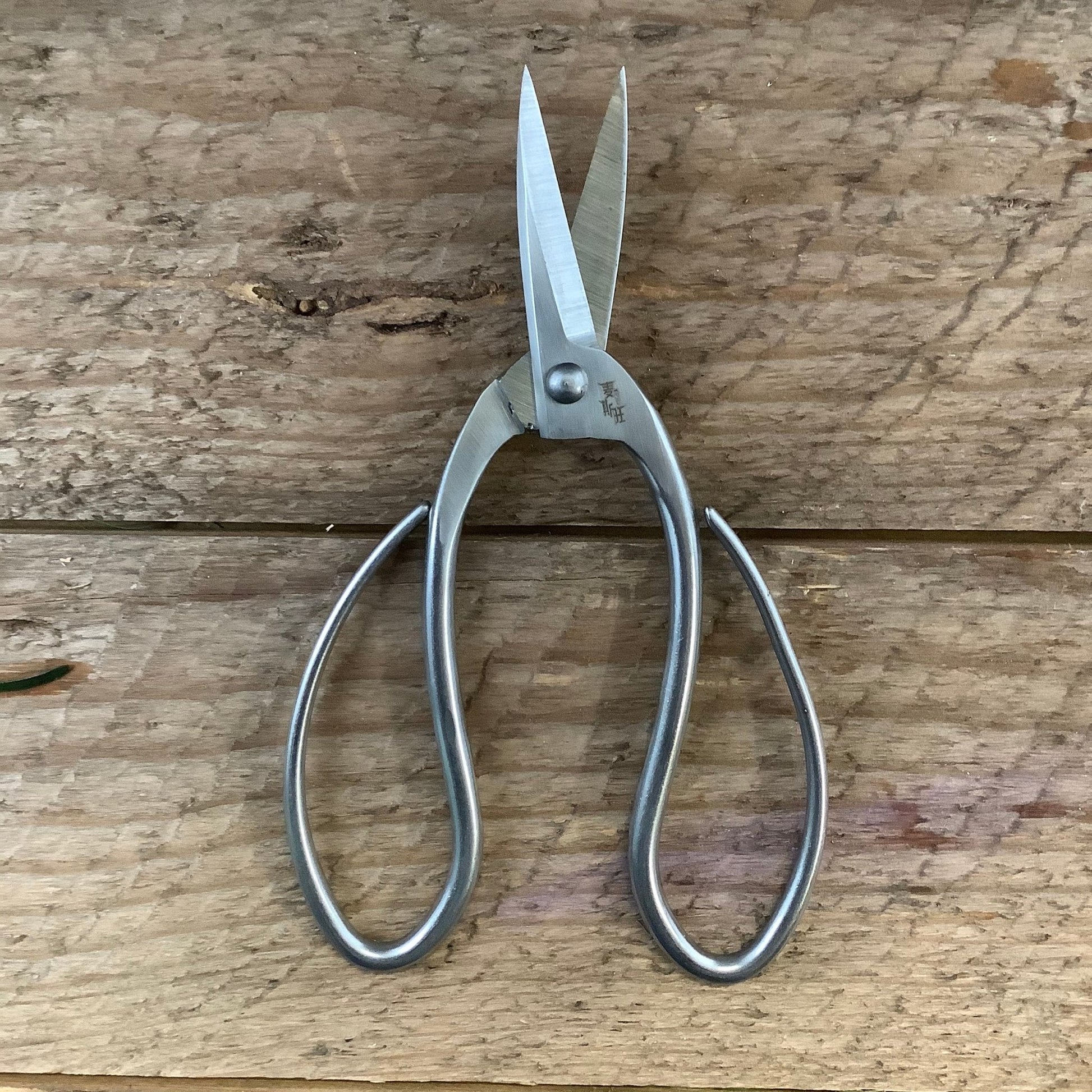The Celtic Farm Stainless Garden Scissors (Pruning Shears) with looped handles are displayed on a rustic wooden surface.
