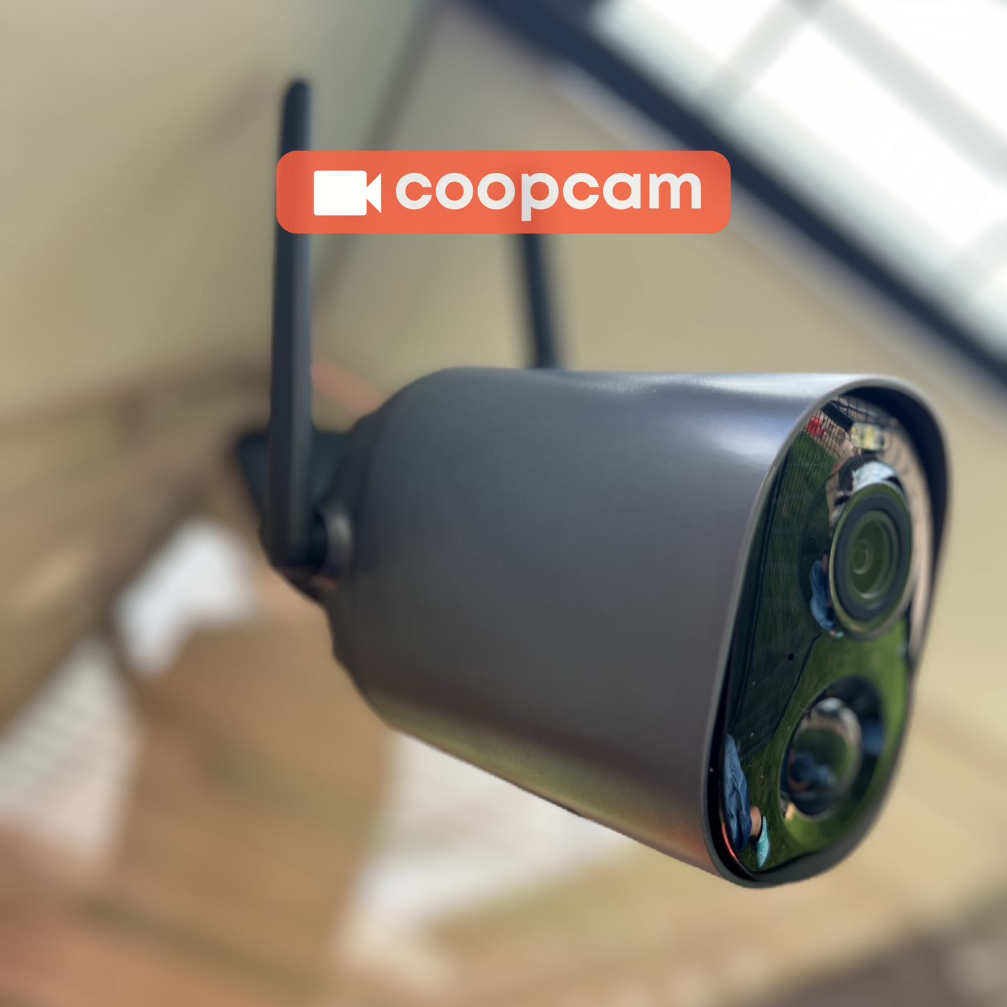Smart CoopCam installed on a chicken coop by The Smart Coop, featuring security camera and ventilation system for chicken safety.