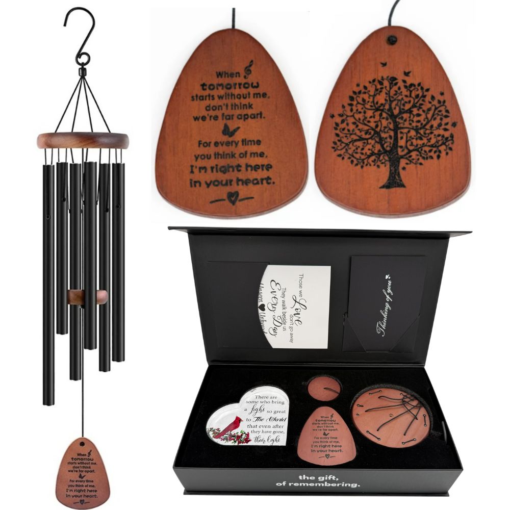 Serenity Memorial Wind Chimes gift bundle by The Wind Chime Co with memorial heart, 32-inch outdoor garden decor and chime set.
