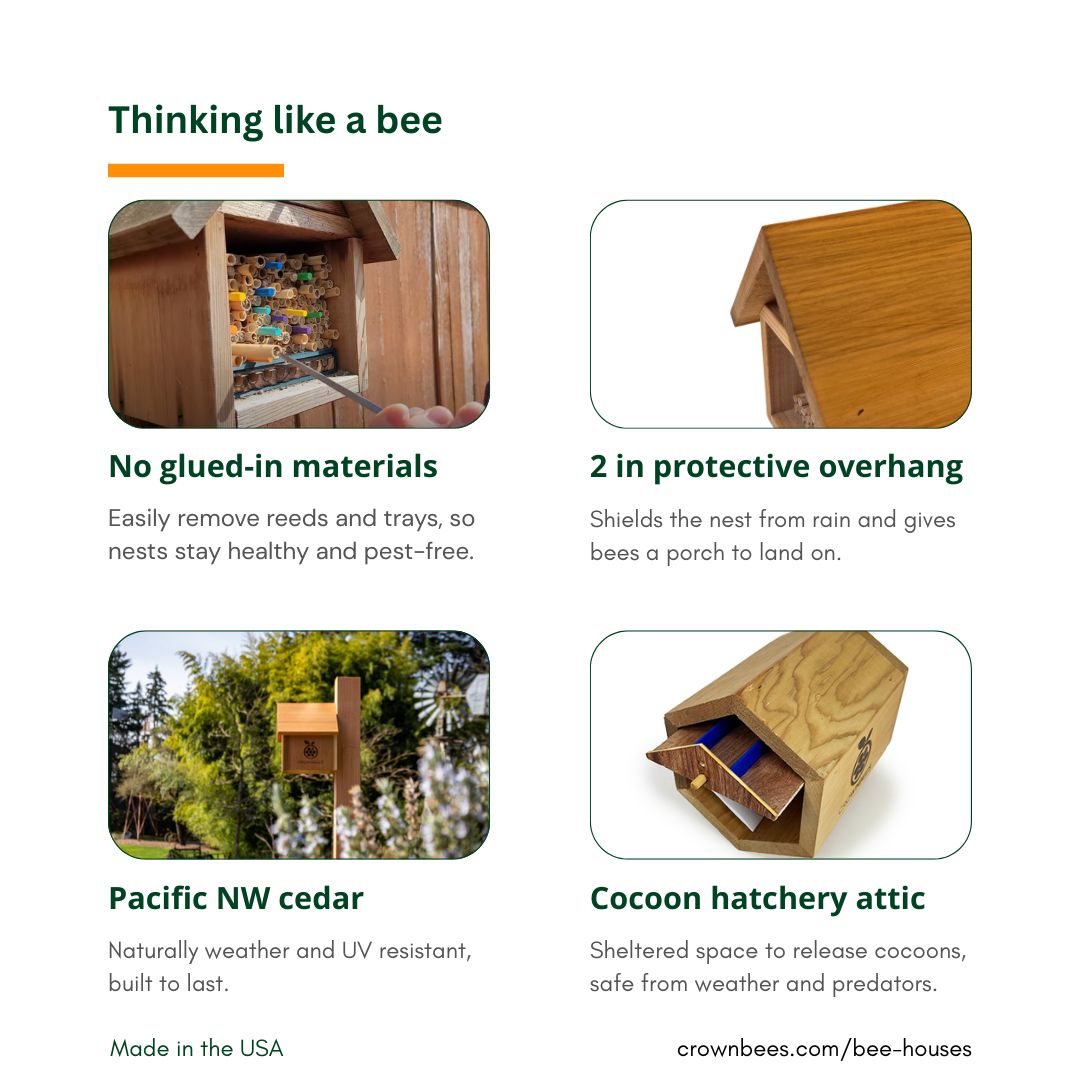 Small Hex Cabana Bee House by CrownBees, cedar wood with hexagonal design for supporting bee nesting and hive health.