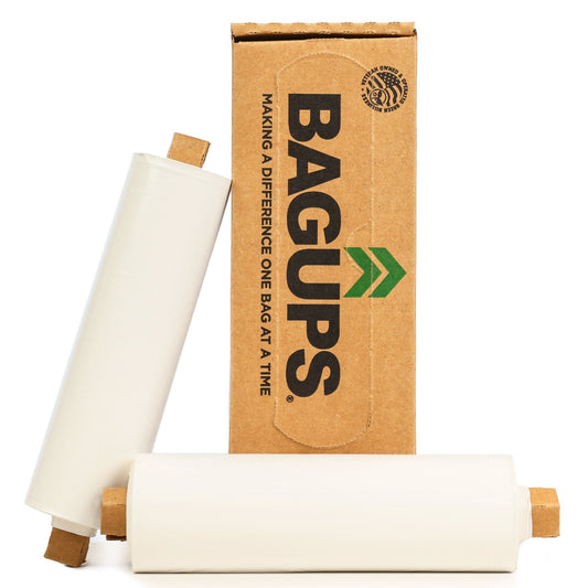 Two white 13-gallon trash bags from BagUps, shown as a compact 2-pack for household waste disposal.