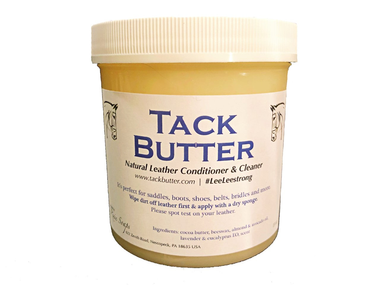 Tack Butter Natural Leather Conditioner & Cleaner Lavender Eucalyptus 15 oz by Tack Butter, with a beige screw-top lid, conditions and cleans various leather goods as detailed on its label.