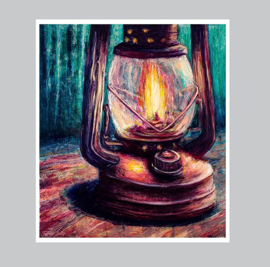 Tiffany Bates Art camp lantern’s glow fine art print, 12x10 inches, featuring a warm, glowing lantern scene in vibrant colors.