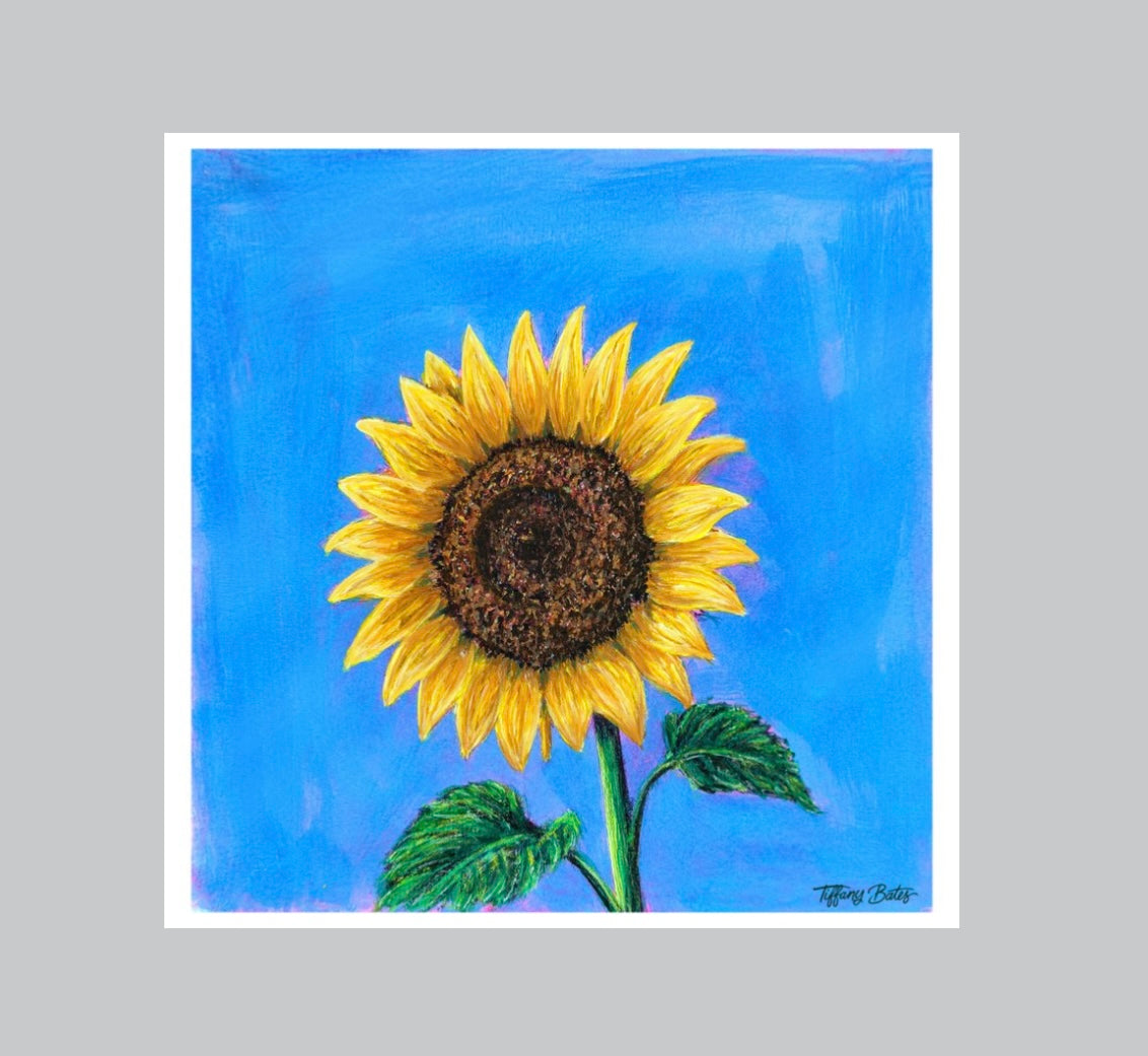 8x8 Tiffany Bates Art Soaring Sunflower fine art print featuring vibrant sunflower artwork on high-quality paper.