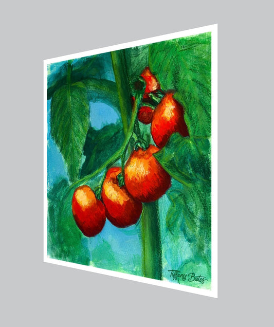 Sun-kissed tomatoes fine art print by Tiffany Bates Art, 8x8 inches, vibrant and detailed still life artwork.