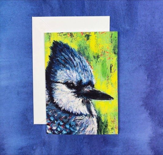 Bluejay’s Gaze greeting card by Tiffany Bates Art featuring a detailed illustration of a bluejay bird on a white background.