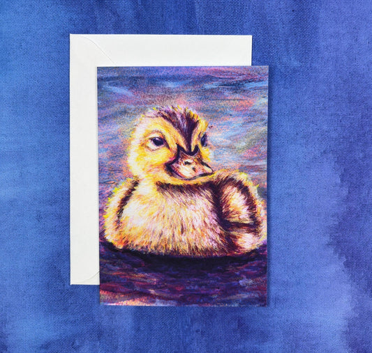 Darling Duckling greeting card by Tiffany Bates Art featuring a charming illustrated duckling on a white background.