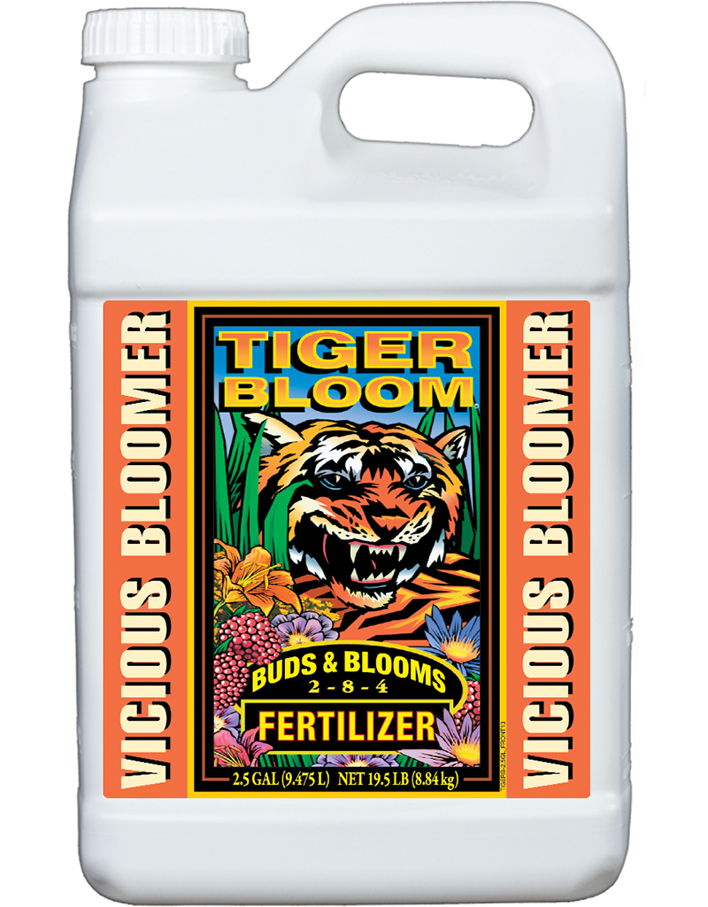 Liquid plant food Tiger Bloom by Rivendell Distribution in a 2.5-gallon container, ideal for flowering plants and garden use.