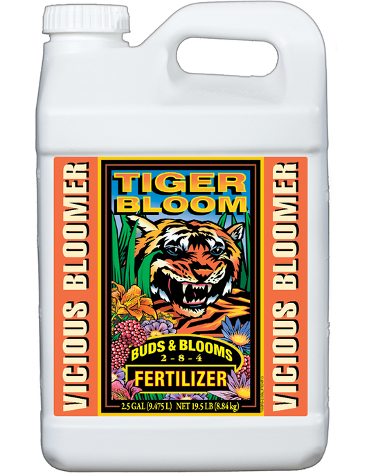 Liquid plant food Tiger Bloom by Rivendell Distribution in a 2.5-gallon container, ideal for flowering plants and garden use.
