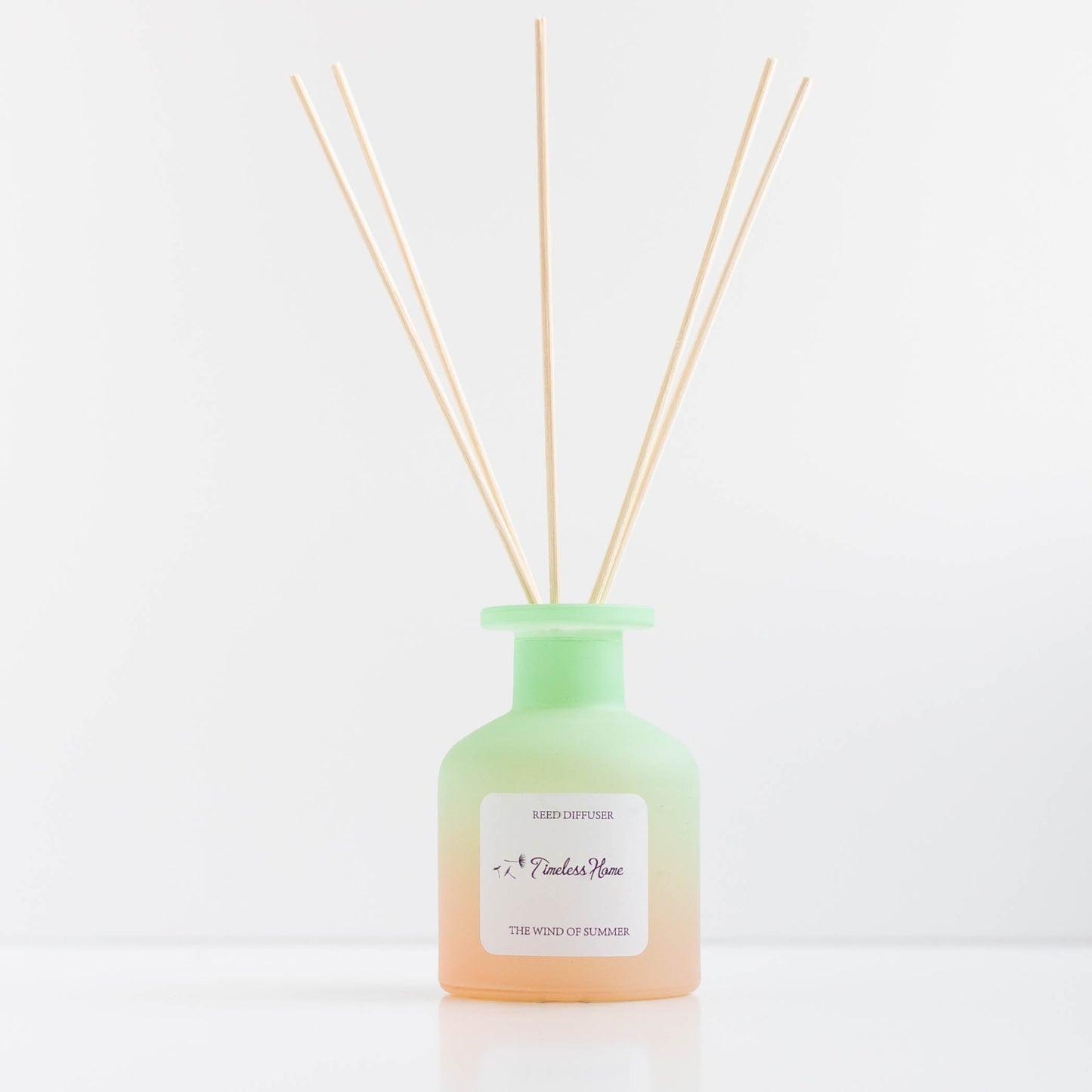 Reed diffuser labeled "The Wind of Summer" by Timeless Organics Skin Care with decorative reeds in a glass jar.