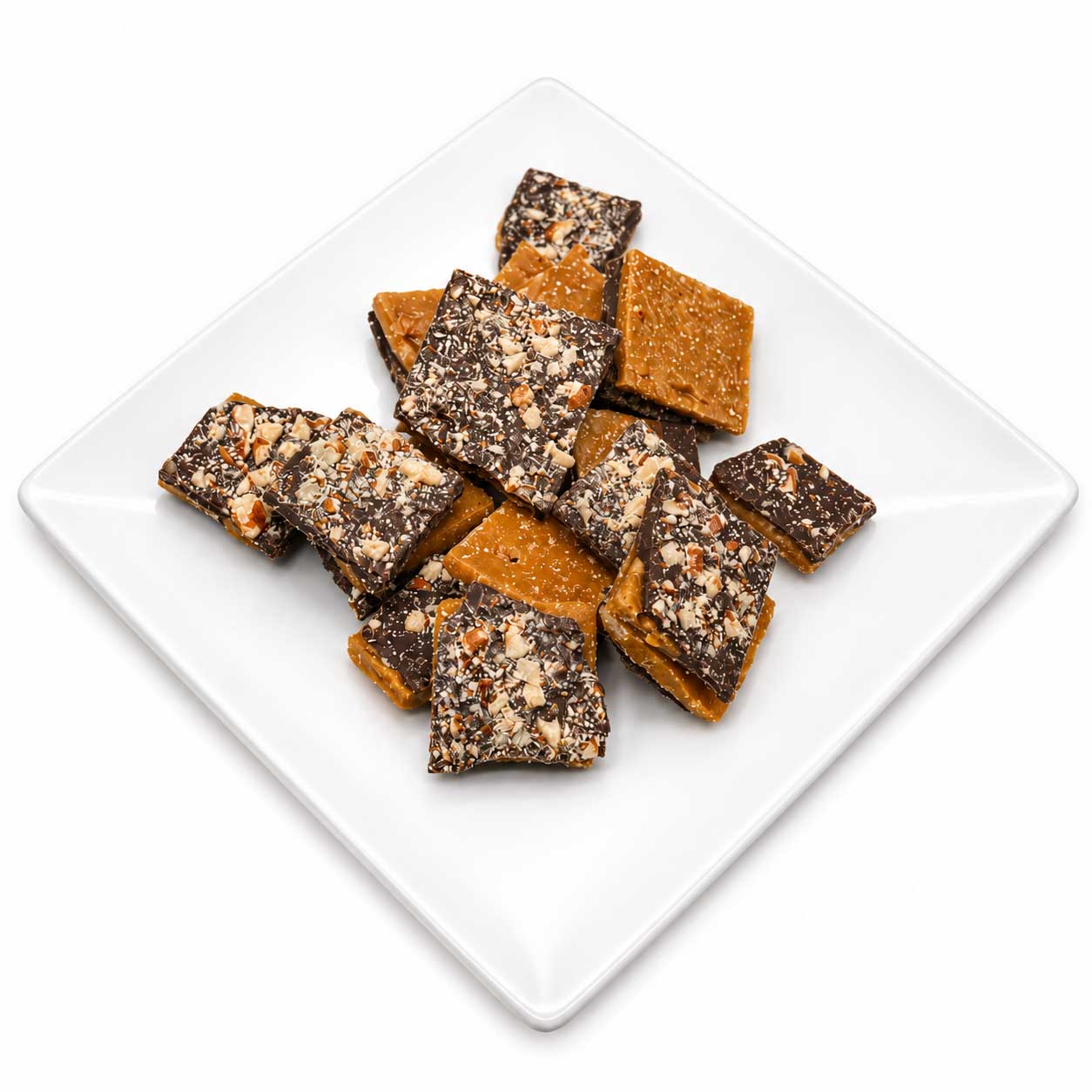 Homemade milk chocolate toffee with nuts, 8 oz, by Barb's Buttery Toffee, displayed with caramel and nut pieces on top.