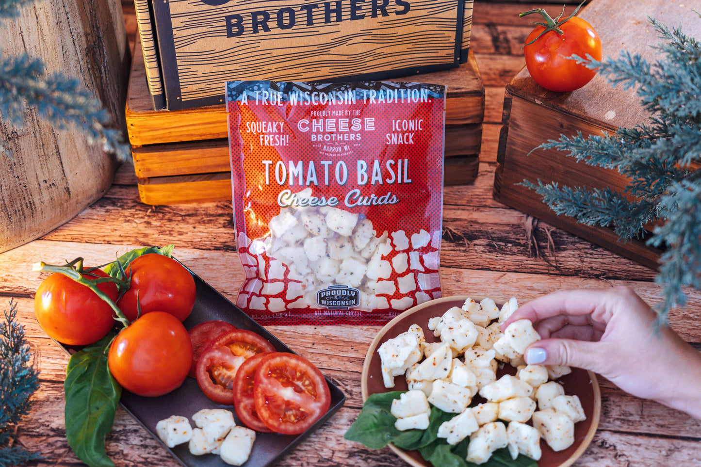 Fresh Tomato Basil Cheese Curds by Cheese Brothers, Inc., showing creamy cheese curds with tomato and basil accents.