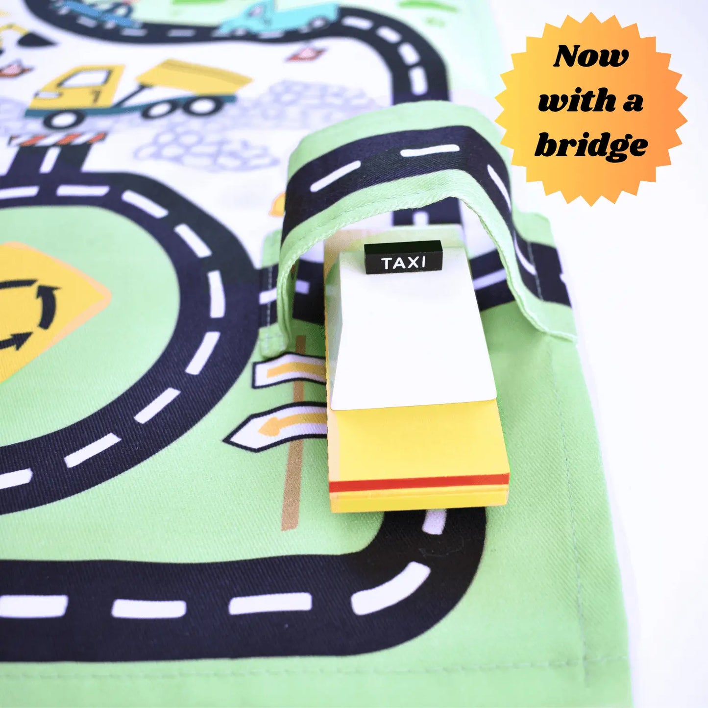 Colorful toy car playmat with bridge and pouch by So Handmade Shop, designed for children's travel entertainment and play.