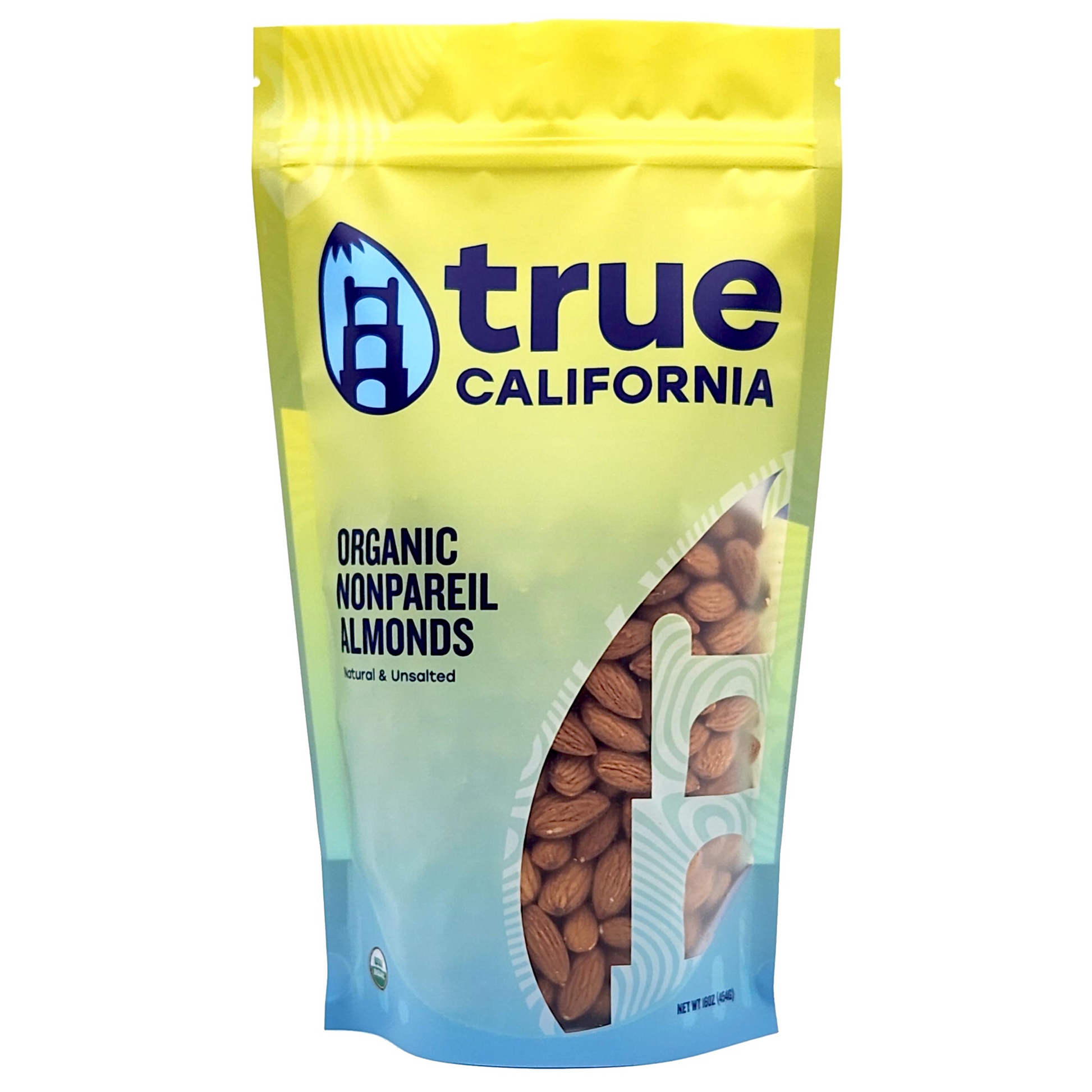 Organic Nonpareil Almonds by True California, one-pound bag of fresh, whole almonds with smooth, light-colored shells
