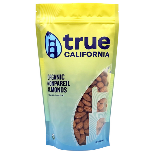 Organic Nonpareil Almonds by True California, one-pound bag of fresh, whole almonds with smooth, light-colored shells
