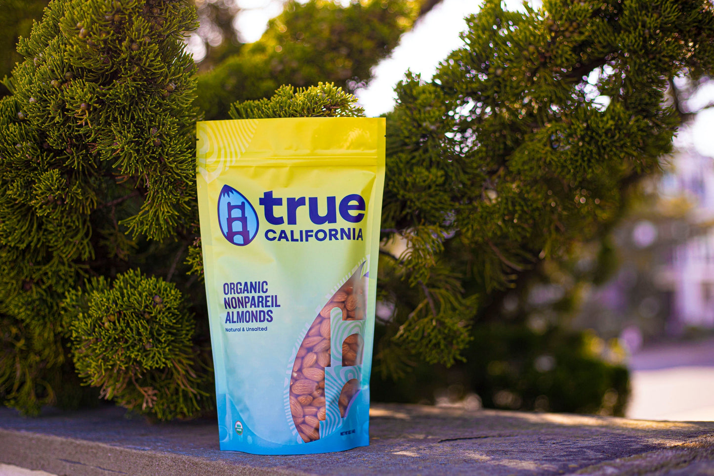 Organic Nonpareil almonds from True California in a 1 lb package, showing fresh, whole almonds with smooth, light brown skin.