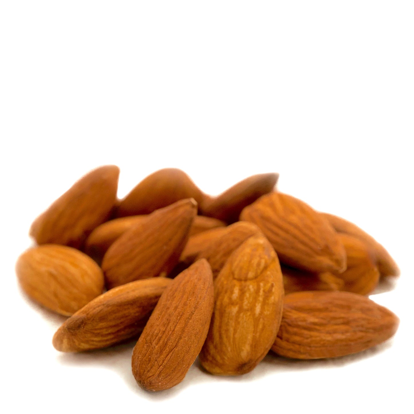 Organic Nonpareil Almonds from True California, close-up of 1 lb bag showing glossy, whole almonds with smooth, light brown shells.