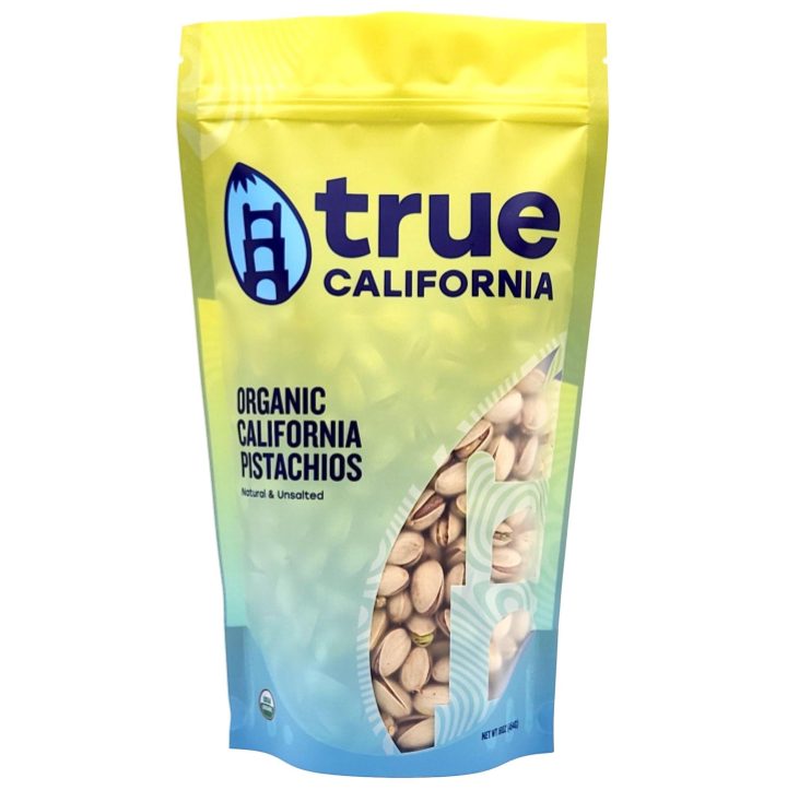 True California organic pistachios in a 1 lb bag, natural and unsalted, showcasing green pistachios in shell.