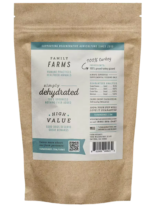 Farm Hounds turkey gizzard sticks, natural dog treats made from high-quality turkey gizzards, shown in a clear view of the product.