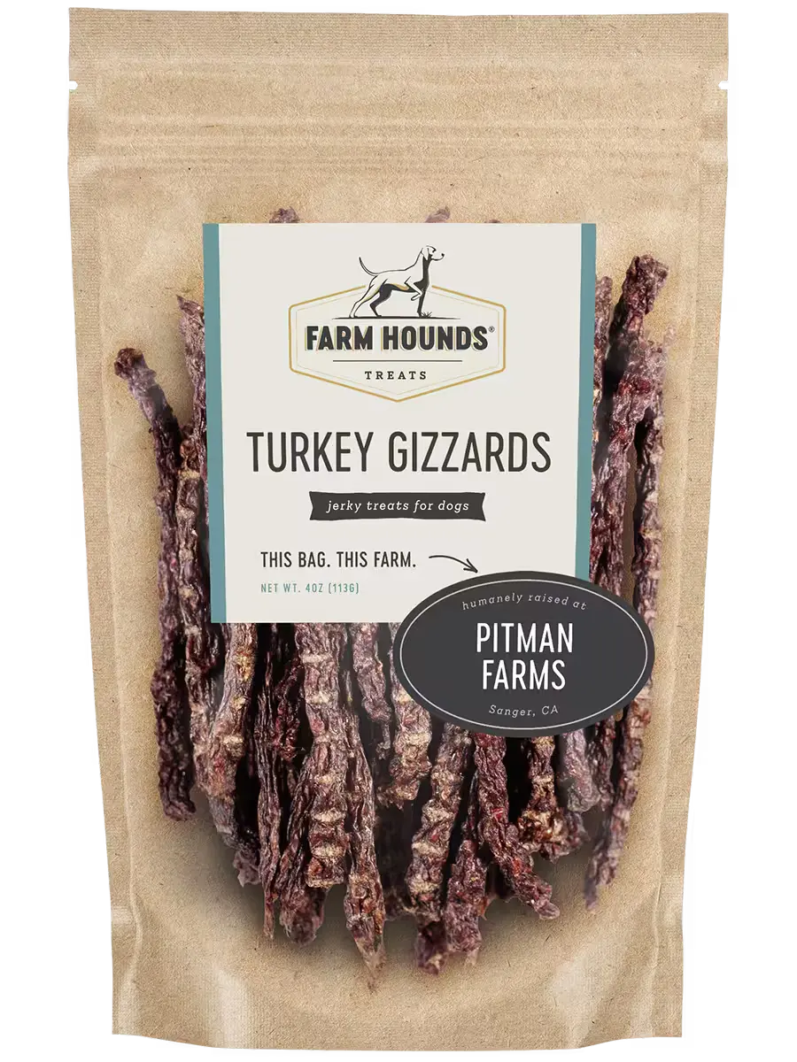 Front view of Farm Hounds turkey gizzard sticks, natural dog treats made from turkey gizzards, shown in a clear image.