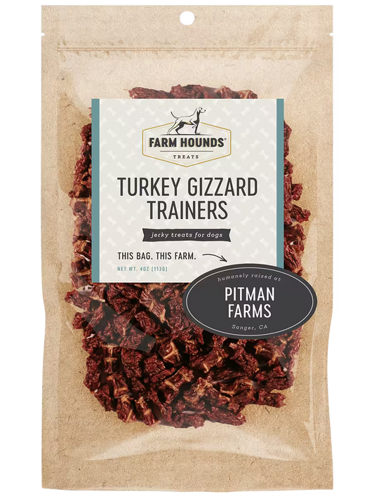 Farm Hounds turkey gizzard trainers trainers shown from the front, featuring natural texture and detailed appearance of the training product.