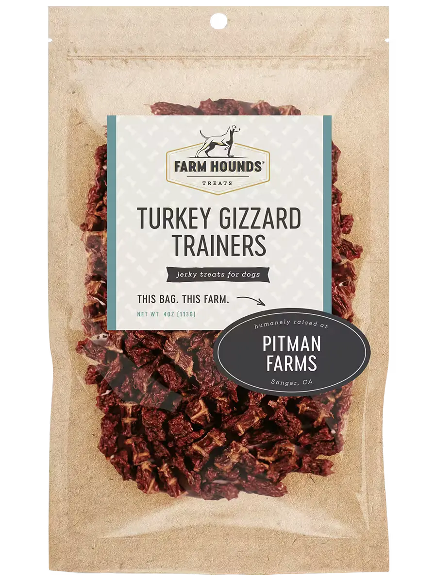 Farm Hounds turkey gizzard trainers, natural dog treats, showing front view of chewy, protein-rich trainers for dogs.
