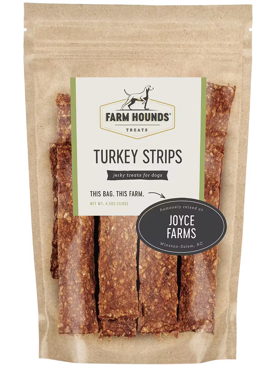 Farm Hounds turkey strips treats for dogs, showing front view of natural, dried turkey meat strips on a neutral background.