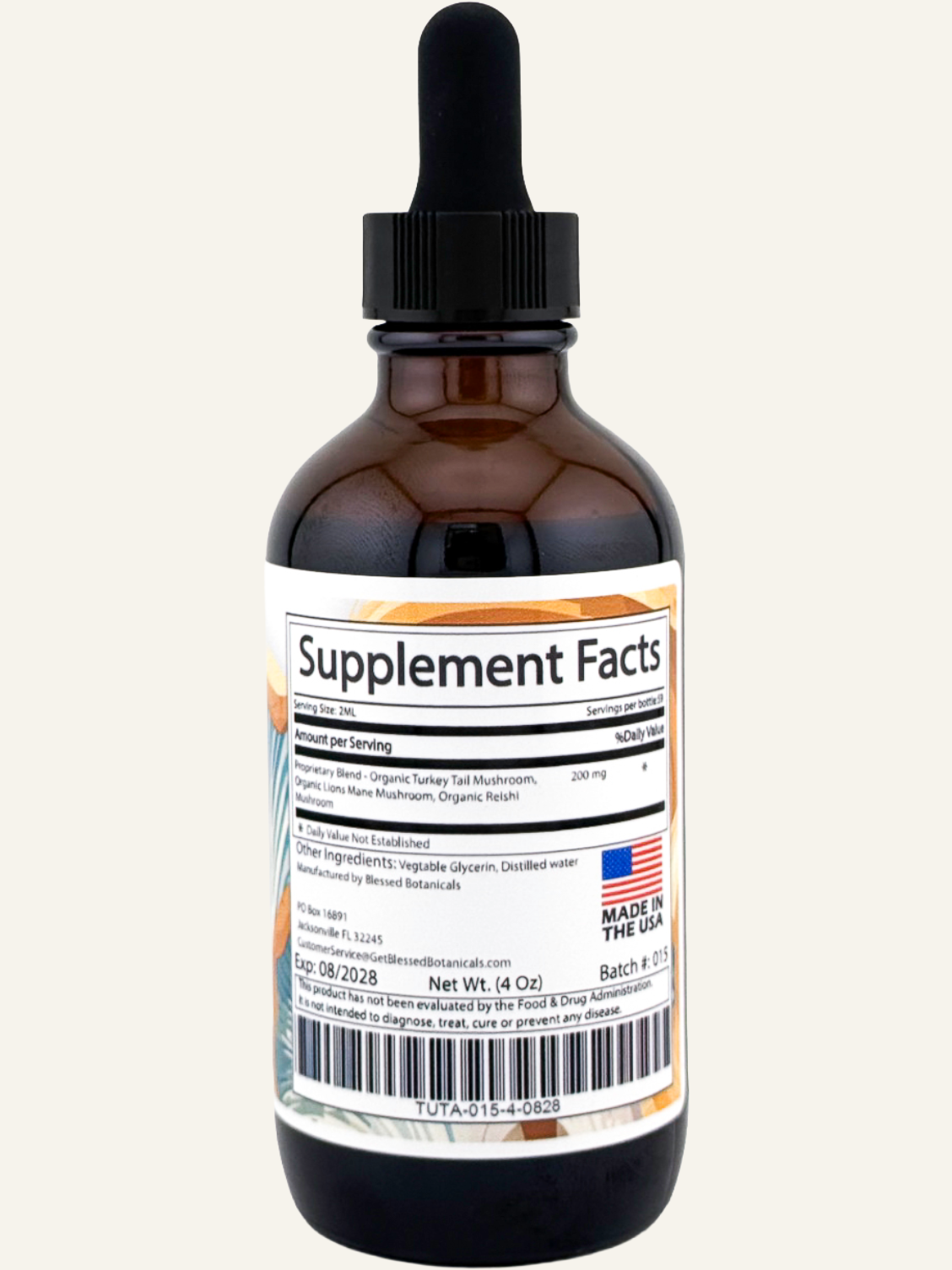 Organic Turkey Tail, Lion’s Mane, and Reishi mushroom blend supplement from Blessed Botanicals, showing supplement facts label.
