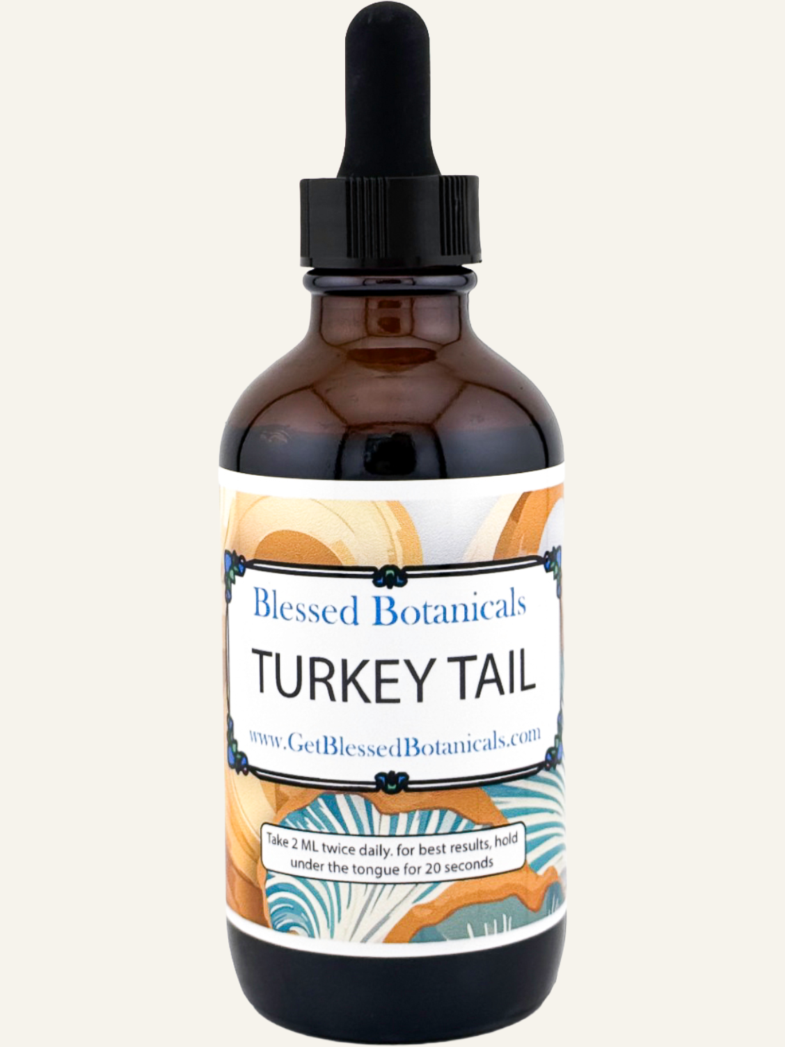 Organic Turkey Tail Mushroom Extract Tincture by Blessed Botanicals in a glass bottle with dropper for herbal health support.