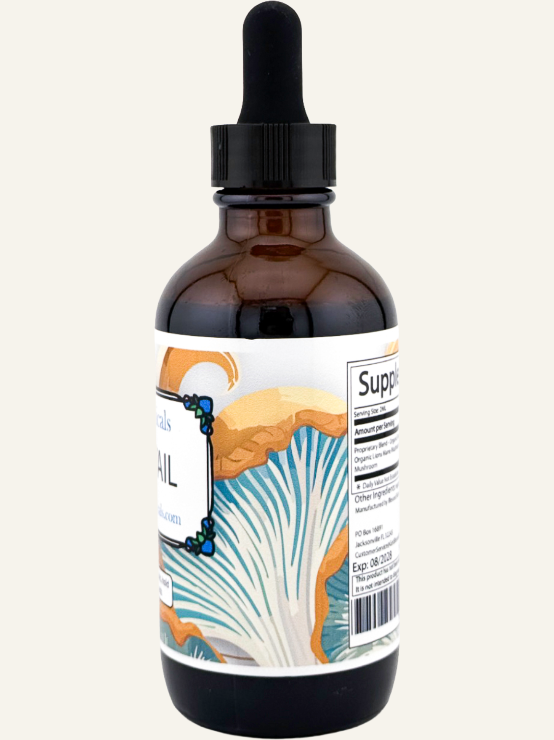 Label side artwork of Blessed Botanicals Organic Turkey Tail Blend with mushroom extract, featuring natural imagery and product details.