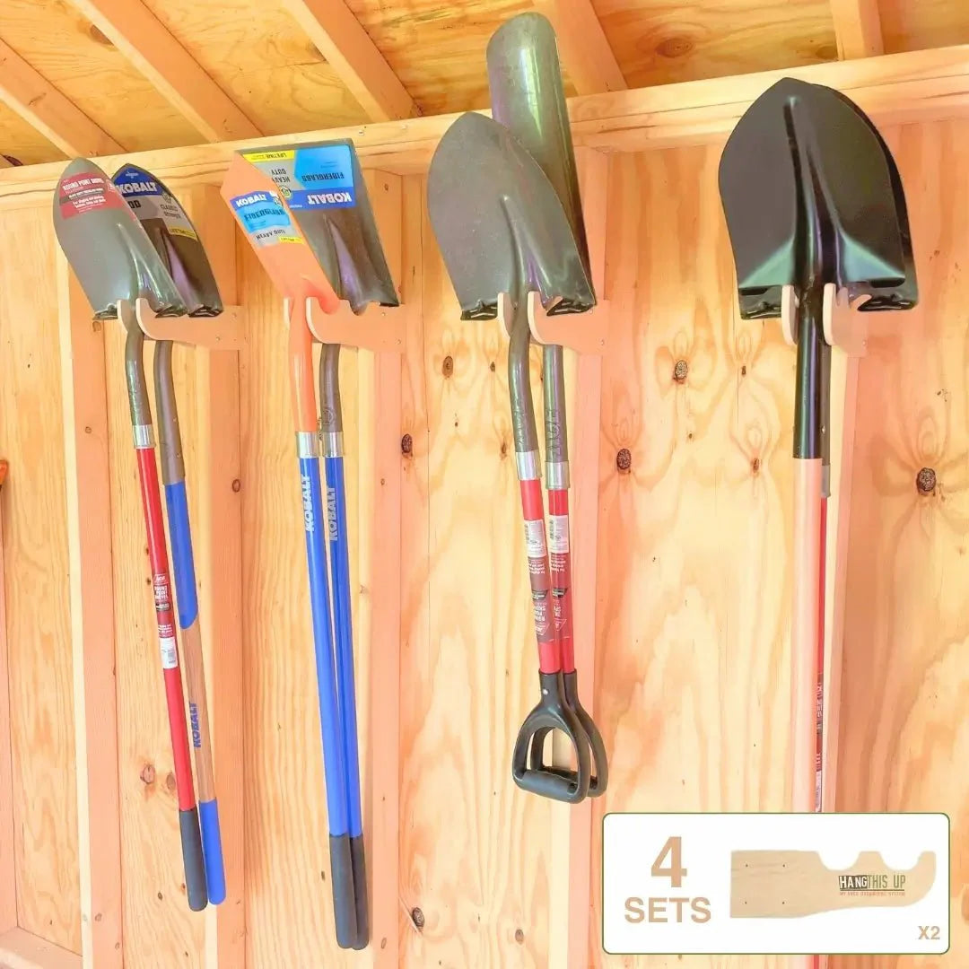 HangThis Up Deluxe Garden Tool Organizer Kit with yard tool rack and shed storage system for outdoor garden tool organization.