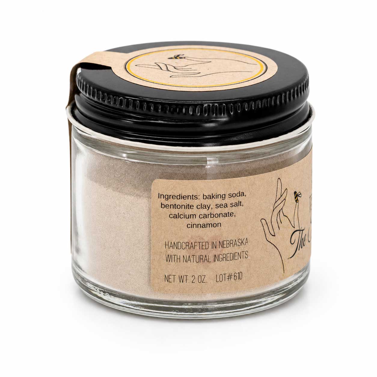 BuyNebraska.com Tooth Powder in 2 oz jar, fluoride-free, multiple flavors, natural bath and body product with a clean, simple design.