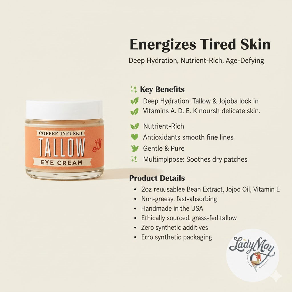 A jar of Lady May Tallow’s Natural Tallow Eye Cream | Caffeine Under Eye Cream is shown, with text highlighting deep hydration, vitamins, a natural handmade formula, eco-friendly packaging, and benefits for puffiness and dark circles.