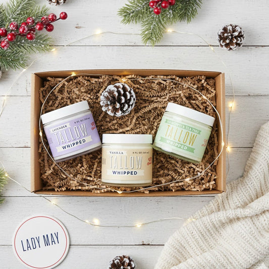 The Lady May Whipped Tallow Trio Gift Box features 9oz jars of Lavender, Vanilla, and Eucalyptus scents—premium quality, all-natural tallow from Lady May Tallow—beautifully packaged for a luxurious gift experience.