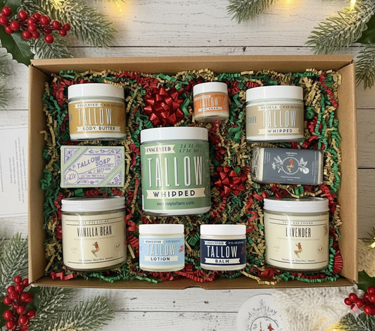 Indulge in the ultimate skin pampering with The Lady May Ultimate Tallow Skincare Gift Box by Lady May Tallow, featuring body butter, lotion, balm, soap, and whipped tallow—luxurious natural skincare in a festive gift box.