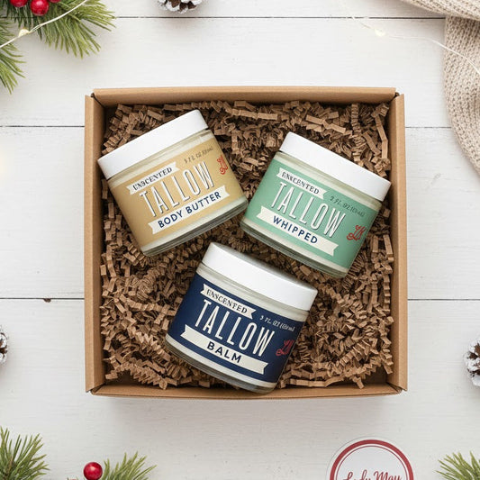 Lady May Tallow’s Tallow Skincare Trio Gift Box includes Butter, Balm & Whipped moisturizers in festive packaging—an all-natural treat for anyone who loves nourishing Beef Tallow skincare.