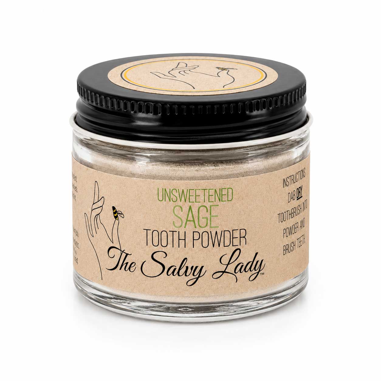 BuyNebraska.com Tooth Powder in 2 oz, fluoride-free, with multiple flavors, shown in a clear jar with natural ingredients.
